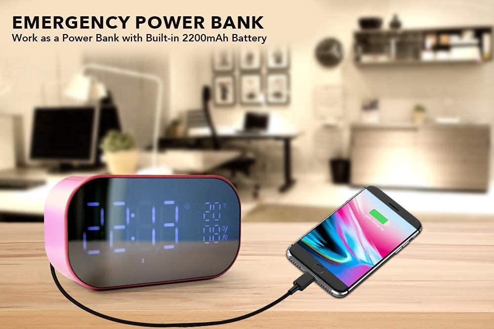 Réveil Horloge Haut-Haut-Chambre Horlge de Chevet avec Dual USB Chargement des Haut-parleurs stéréo Pilote à Double 3W, Radio FM, 4.2, AUX TF Carte, Dimmable, Snooze, Thermomètre.