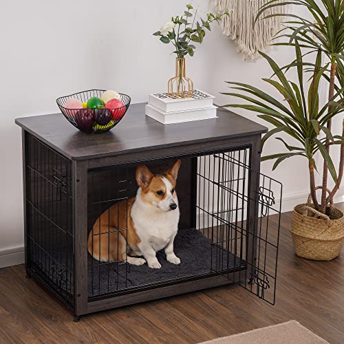 DWANTON Dog Crate Furniture with Cushion, Wooden Kennel Table with Double Doors, Indoor Dog House, Medium Size, 32.5" L, Dark Gray - Image 3