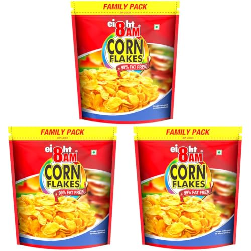 Image of 8AM Corn Flakes Family Pack 1kg, 92% Corn, 99% Fat Free, No Cholesterol, Trans Fat, Vitamin B3 & Iron, Crunchy & Nutritious Whole Grain Breakfast Cereal (Pack of 3)