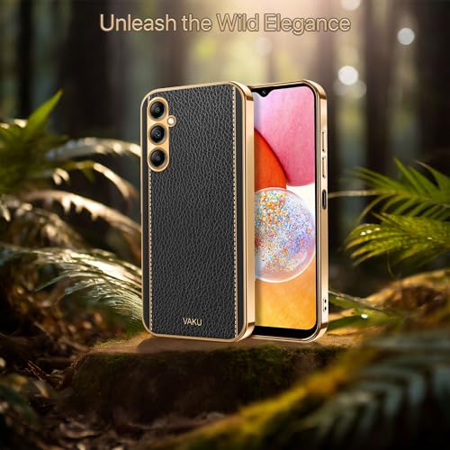 Image of Vaku Luxos Luxemberg Back Cover Case for Samsung Galaxy A14 5G with Leather Pattern Design Gold Electroplated Soft TPU Cover| Shockproof Protective Case - Black