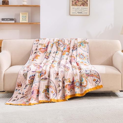 Image of XIBLC Boho Throw Blanket for Bed, 100% Cotton Soft Rustic Quilt Fall Blanket, 80 inchx90 inch Floral Printed Farmhouse Decor Bed Blankets, All Season Rustic Reversible Bohemian Throw Quilt