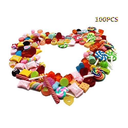 100pcs Cute Slime Charms Variety of Candies Sweets Assorted Colors and Shapes Stuff Resin Flat Back Embellishments for DIY Scrapbooking Crafts