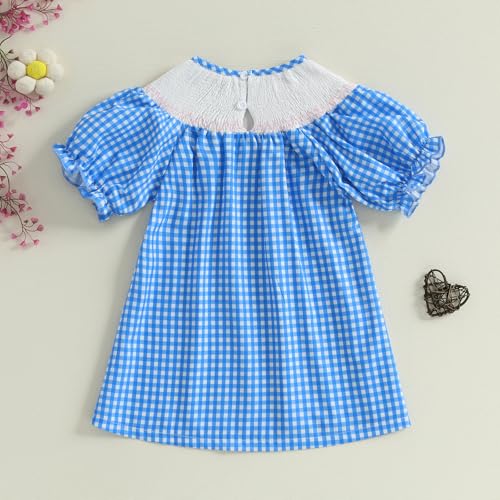 Toddler Girls Smocked Big Sister Dress Short Sleeve Plaid Letter Embroidery Bubble A-line Pink Bishop Dresses3