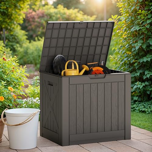 Image of Greesum 40 Gallon Outdoor Deck Box, Resin Storage Chest, Dark Brown