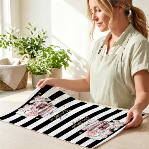Image of 2 Pcs Black White Hand Towels, Perfume Flower Decor Reusable Dish Towels | Fashion Gifts for Women Girls Mom Friend, Waffle Weave Microfiber Towels for Bathroom Home Decor 24x14 Inch