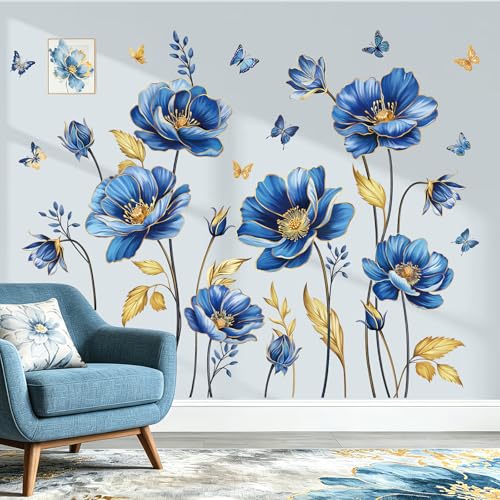 wondever Stickers Muraux Fleurs Bleues Autocollants Muraux Mural Stickers Floral Coquelicots Papillons Feuilles Doré Plante pour Salon Chambre Enfants Fille...
