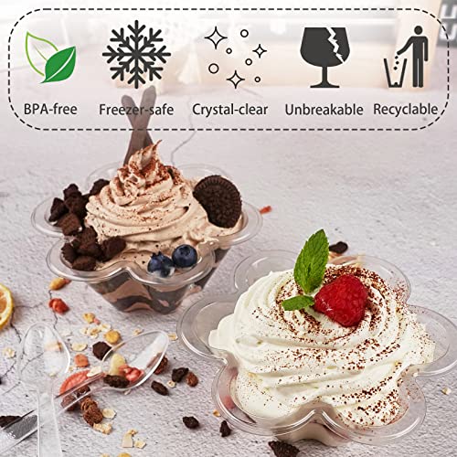 50Ct 8Oz Clear Plastic Dessert Cups With Spoons, Disposable Flower Shaped Parfait Appetizer Cups, Party Sundae Serving Bowls For Ice Cream, Nuts And Salad, Trifle Tasters Containers #TOP3