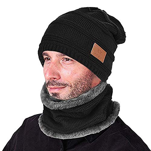 Preisvergleich Produktbild Opard Wintermütze Warm Beanie Strickmütze und Schal mit Fleecefutter (Schwarz)