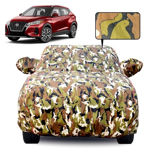 Image of Waterproof Car Body Cover for Nissan Kicks with Mirror Pocket, Soft Cotton Lining, Triple Stitched, Full Bottom Elastic (Heat Resistant Jungle Print with Red Piping)