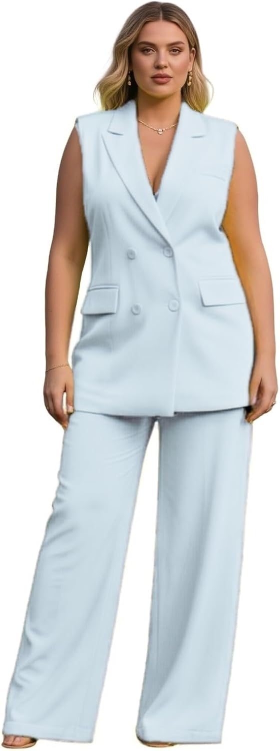 Plus Size Summer Womens Vest and Wide Pants 2 Pcs Outfits Set Sleeveless Blazer Business Wedding Work