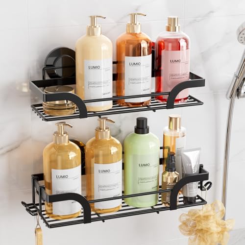 LEVERLOC 2 Pack Shower Caddy Suction Cup Shower Shelves for Inside Rustproof Metal Bathroom Storage NO-Drilling Bath Organizer with Large Capacity Heavy Duty Storage Basket Home Decor Black