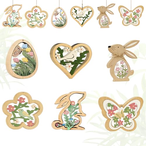 PIujsym 24 Stück Osterdeko Anhänger Holz, Frühlingsdeko zum Aufhängen, Ostern Deko Outdoor & Fenster, Hasen Ostereier Schmetterlinge Blumen Osteranhänger Set, Farbenfroher Osterschmuck