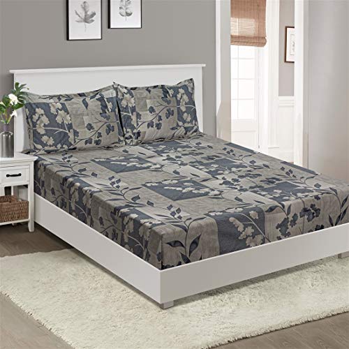 Image of Swayam Pure Cotton King Fitted Bedsheet with 2 Pillow Covers | Size 72 x 78 x 10 inch | 160 TC | Leaf Design | Soft Breathable Bed Sheet | Comfortable & Durable for Bedroom - Grey