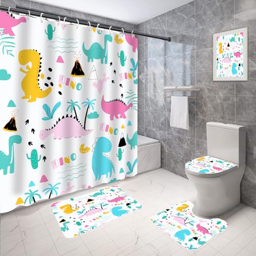 Coxila Kids Dinosaur Shower Curtain Set Funny Fun Colorful Dino Boys Toddler Cartoon Children Animal Toilet Lid Cover U Shaped Bath Mat 4 Pcs Decor Bathroom Non-Slip Rug Fabric Polyester 60x72 Inch