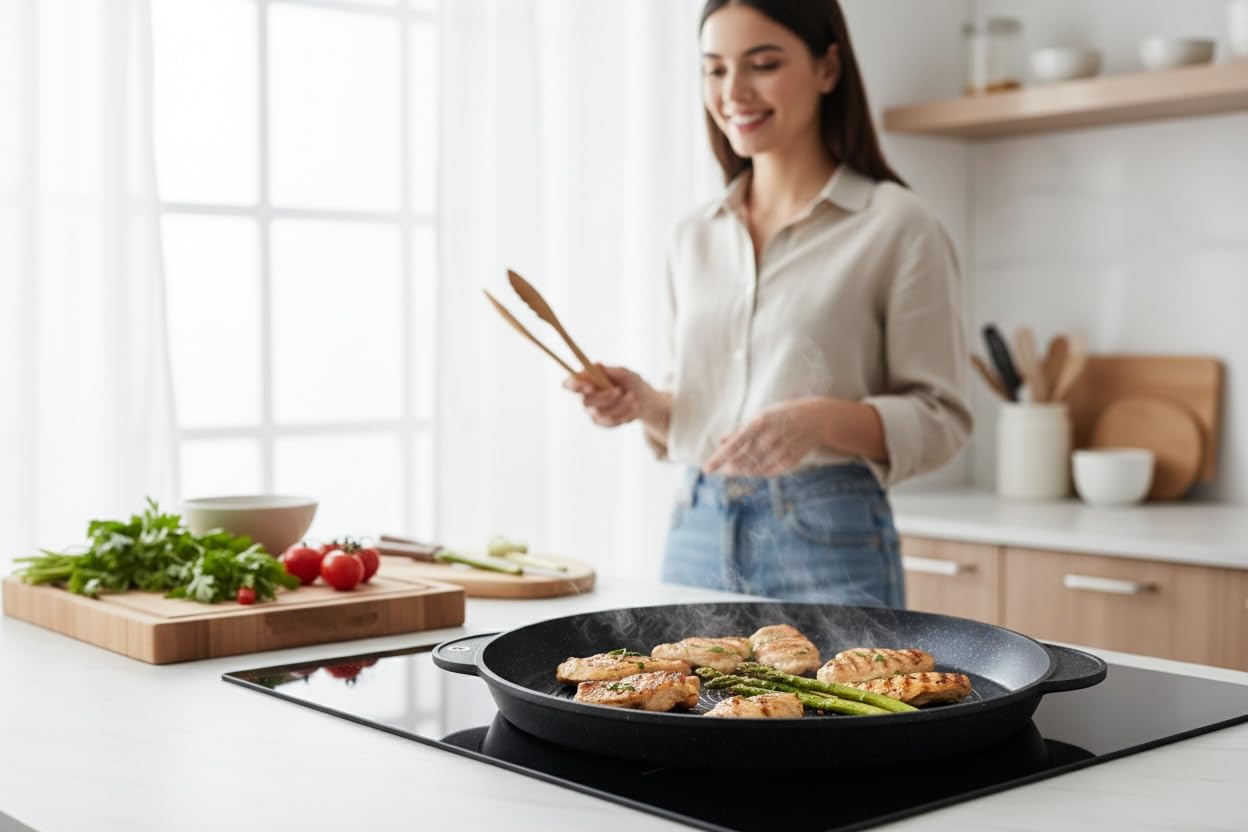 Plancha/Grill/Galetière Ronde Façon Pierre Induction revêtement Antiadhésif(LARGE 32CM)