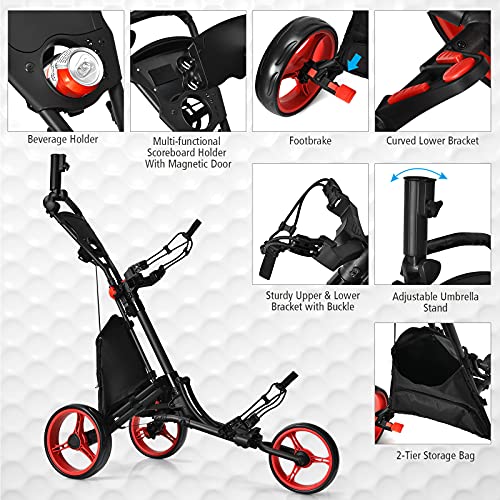 3 Wheel Golf Trolley, Folding Golf Cart with Storage Bag, Umbrella Holder, Foot Brake & Built-in Cooler, Portable Golf Push Trolley - Image 6