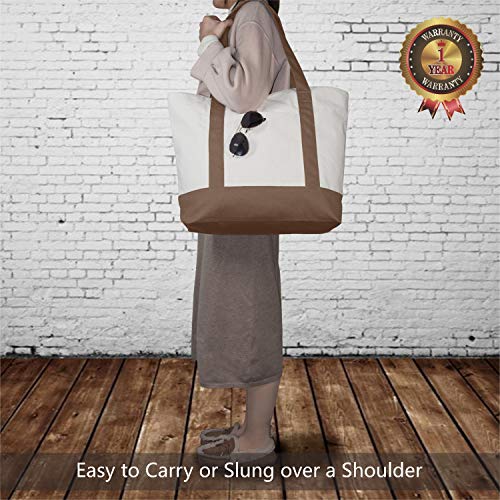 Image of TOPDesign 1-Pack Canvas Tote Bag with an External Pocket, Reusable Grocery Shopping Bag, Top Zipper Closure, Daily Essentials (Brown /Natural)