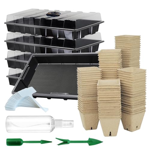 UTYLNE Seed Starter Kit with 100 Peat Pots for Seedlings Seed Starter Tray, 5 Plastic Growing Trays with Water Strainer 20 Plant Labels & 2 Garden Tools Outdoor or Indoor