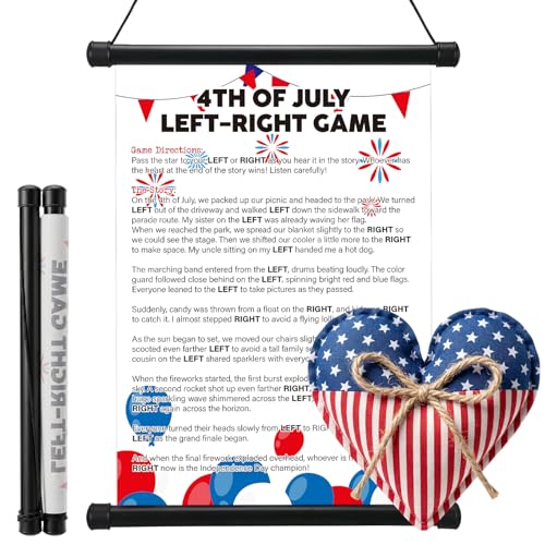 HunnmingRe 4th of July Party Games - Pass the Flag Left Right Game Include Hanging Story Scroll & American Flag Plush Independence Day Patriotic Party Supplies for Family Classroom Activities Decor