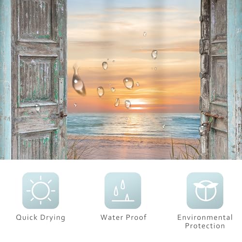 Image of Riyidecor Blue Beachy Shower Curtain,72Wx72H Inch Summer Beach Nautical Coastal Ocean,Rustic Barn Door Seashore Fabric Shower Curtains, Seaside Sunset Landscape Bathroom Decor Waterproof 12 Pack Hooks