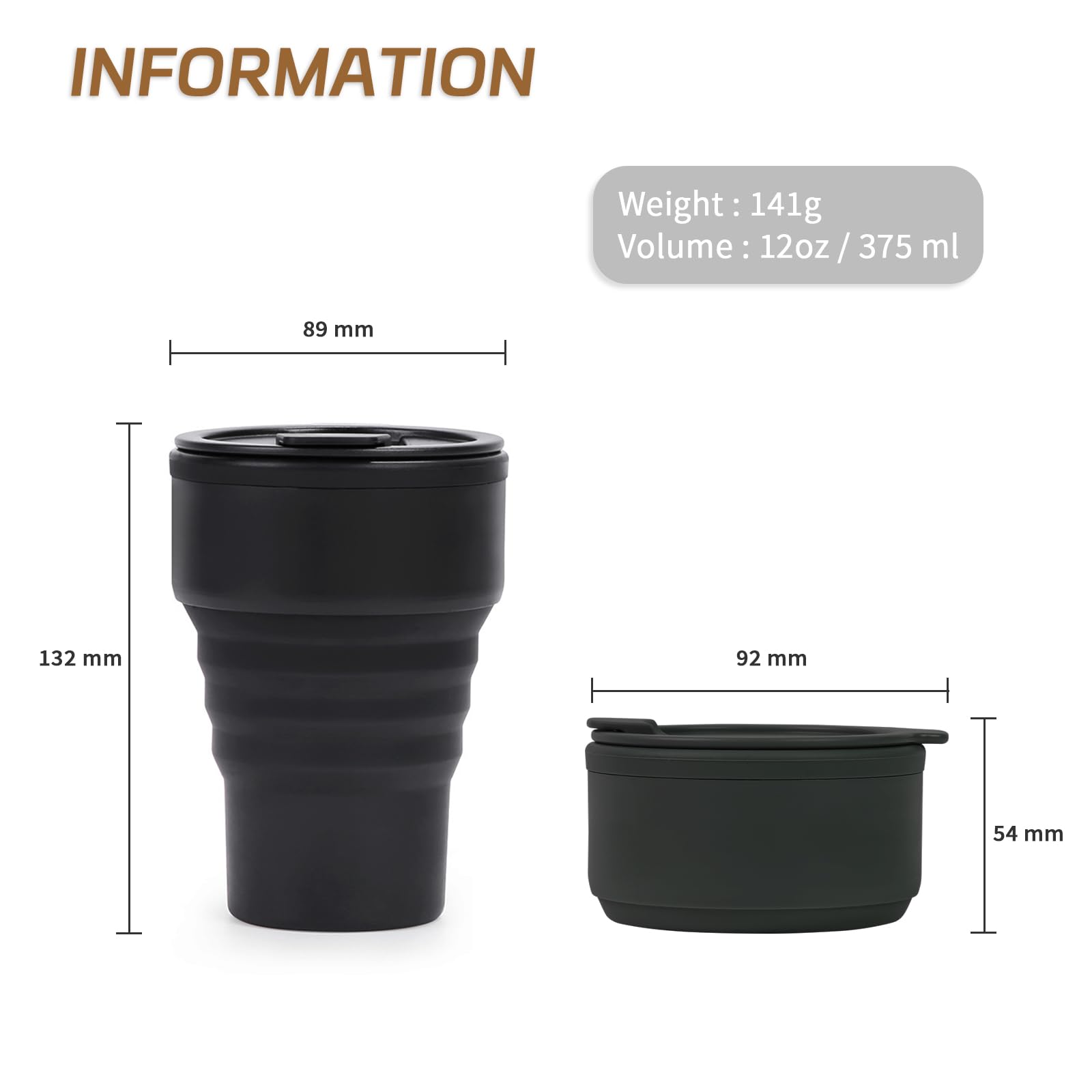EYQ Collapsible Coffee Cup 375 ml, Reusable 12oz Coffee Cup, Silicone Foldable Water Bottles - Image 2