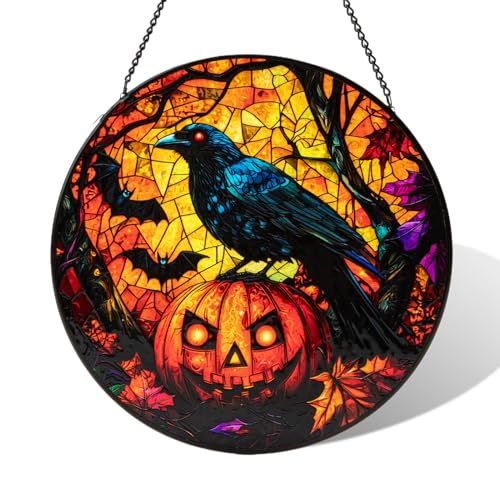 Stained Glass Window Hanging Halloween Decorations Evil Crow Pumpkin Maple Leaf Suncatcher for Doors Garden Indoor Funny Spooky Sun Catchers Gothic Decor for Women Men and Mom 7.8 in