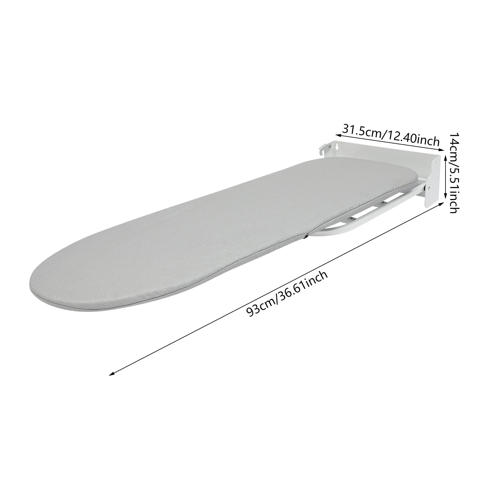 Tabla de planchar plegable, giratoria 180°, tabla de planchar con barra de apoyo, 93 x 31,5 x 14 cm, tejido de metal estable, tabla de planchar para pared, para dormitorios, apartamentos y viajes