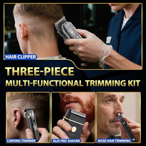 Image of Men's Professional Cordless Hair Clippers & Trimmer Kit, 4-in-1 Electric Shaver Set with LED Display, Waterproof Body Groomer, Nose Trimmer & T-Blade for Bald Head, Full Barber Kit (Gray)
