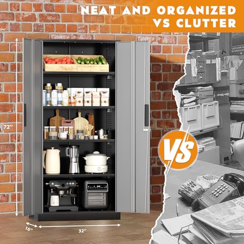 Image of Greenvelly Metal Storage Cabinet, Locking Steel Garage Cabinets with Doors and Adjustable Shelves, Metal Tool Cabinets for Garage,Home Office,School (Black Grey)