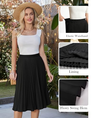 GRACE KARIN Womens Elastic High Waisted A Line Pleated Shirring Midi Long Skirt Black L