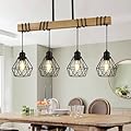 Dining Room Light Fixture Hanging for Modern Farmhouse 4-Lights Kitchen Island Lighting,Modern Chandelier Over Table Linear Chandeliers Black Rustic Wood Ceiling Pendant Light Fixtures
