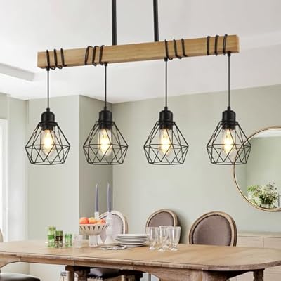 Dining Room Light Fixture Hanging for Modern Farmhouse 4-Lights Kitchen Island Lighting,Modern Chandelier Over Table Linear Chandeliers Black Rustic Wood Ceiling Pendant Light Fixtures