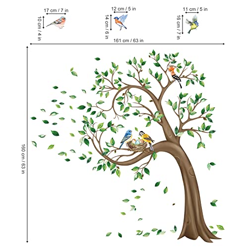 decalmile Large Green Tree Wall Stickers Flying Leaves Birds Wall Decals Bedroom Living Room Sofa TV Background Wall Decor (H:160CM) - Image 4
