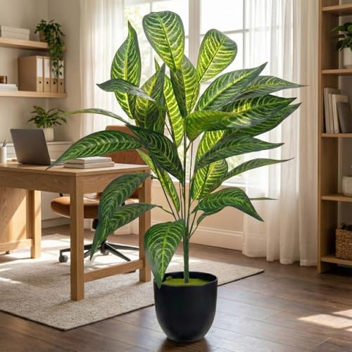 Image of Dekorly Artificial Plant Leaves Tropical Monstera Large Artificial Plants Fake Zebra Leaf Plastic Palm Tree Branch for Home Garden Decor | 26 Leaves (WithPot-Green-D, Height : 76CM)