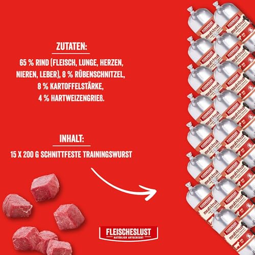 Fleischeslust Hundewurst, Meat&Treat Rind (15x200g), schnittfeste Trainingswurst, Hundefutter für ausgewachsene Hunde