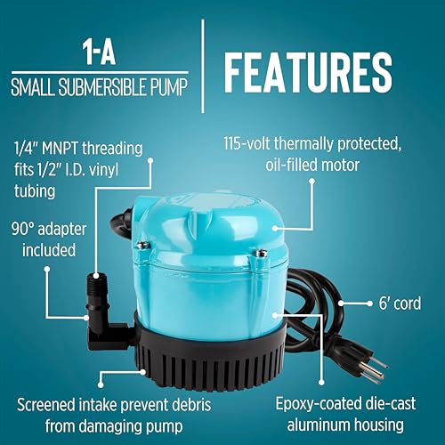 Image of Little Giant 1-A 115 Volt, 1 /200 HP, 170 GPH Small Submersible Permanently Oiled Pump for Fountain, Water Displays and Air Conditioners, 6-Foot Cord, Blue, 500203