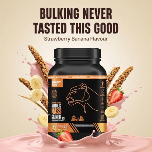 Image of BeastLife High Protein Mass /Weight Gainer | 1 KG | Strawberry Banana | NABL LAB Tested | For Muscle Gain & Fast Growth | Cereal-Based Formula, No Maltodextrin | India's #1 Cereal Based Bulk Gainer