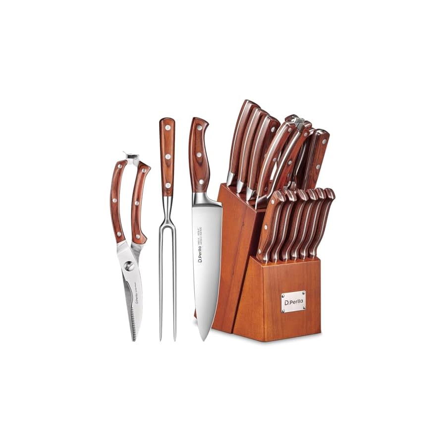 Knife-Set-with-Block-16-Pcs-Stainless-Steel-Kitchen-Knife-Set-with-Sharpener-Wooden-Block-Knife-Block-Set-with-Wood-Handle-Chef-Santoku-Bread-Utility-Paring-Carving-Fork-Knife-Brown Knife Set with Block, 16 Pcs Stainless Steel Kitchen Knife Set with Sharpener & Wooden Block, Knife Block Set with Wood Handle, Chef, Santoku, Bread, Utility, Paring & Carving Fork Knife, Brown