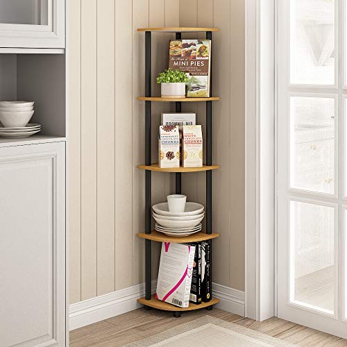 Image of Furinno TURN-N-TUBE Corner Shelf, 5-Tier Corner Bookshelf, Open Storage Shelves, for Organization and Storage, Living Room, Home Office, Garage, Bedroom, Light Cherry