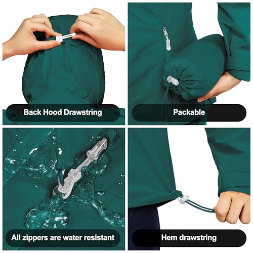 33,000ft Regenjacke Damen Wasserdicht Outdoorjacke Atmungsaktiv Herbst Übergangsjacke Leichte Jacke mit Kapuze Windbreaker zum Wandern Reisen Treking Fahrrad Cyan Grün 36