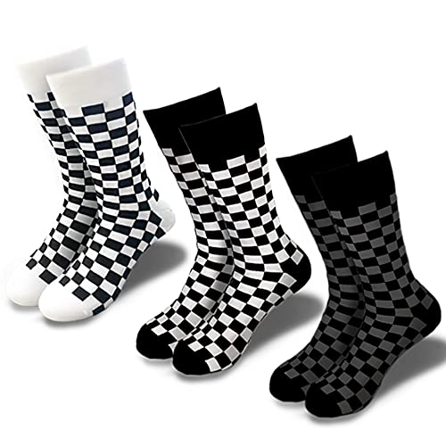 3PK Fashion Men's novelty Socks Checker board crew Socks, Skateboard Socks (Shoe Size 6-12)