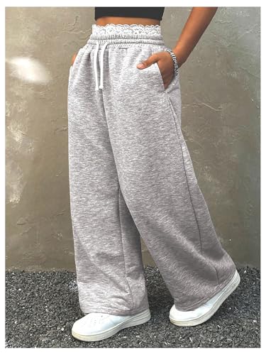 Floerns Girl's Drawstring Waist Straight Leg Sweat Pants Lace Trim Athletic Sweatpants3