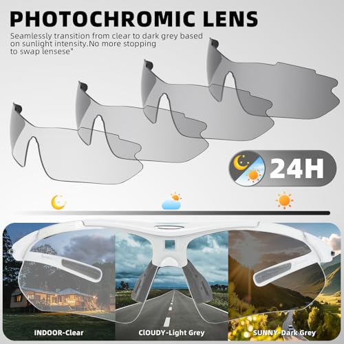 Image of ROCKBROS Photochromic Sports Sunglasses Mens Pickleball Glasses Cycling Glasses MTB Sunglasses, with Removable Elasctic Band，White
