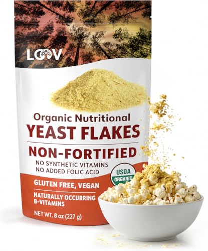 Image of LOOV Organic Non-Fortified Nutritional Yeast Flakes - Vegan, Gluten Free, Non-GMO Unfortified Nooch - Good Source of Natural B-Vitamins - No Added Salt or Sugar - Resealable Bag, 8 Ounces (227 Grams)