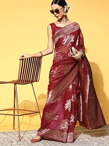 Image of AKHILAM Women's Floral Linen Zari Saree With Unstitched Blouse Piece (FF0LNJCQ09 Parent)