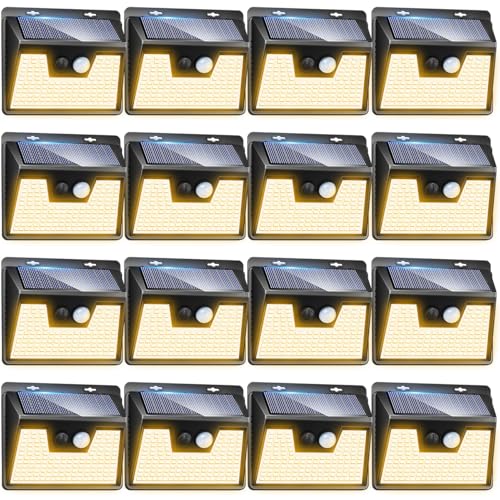 Image of Peasur Solar Lights Outdoor Waterproof 16 Pack, Warm White 140LED Motion Sensor Lights Dusk to Dawn, 3 Modes Solar Fence Security Lighting for Wall Garden Yard Stair Outside