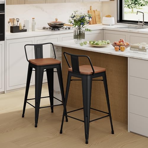 Image of Yongchuang 26 inch Metal Barstools Set of 2 Counter Bar Stools with Wood Top Low Back Matte Black