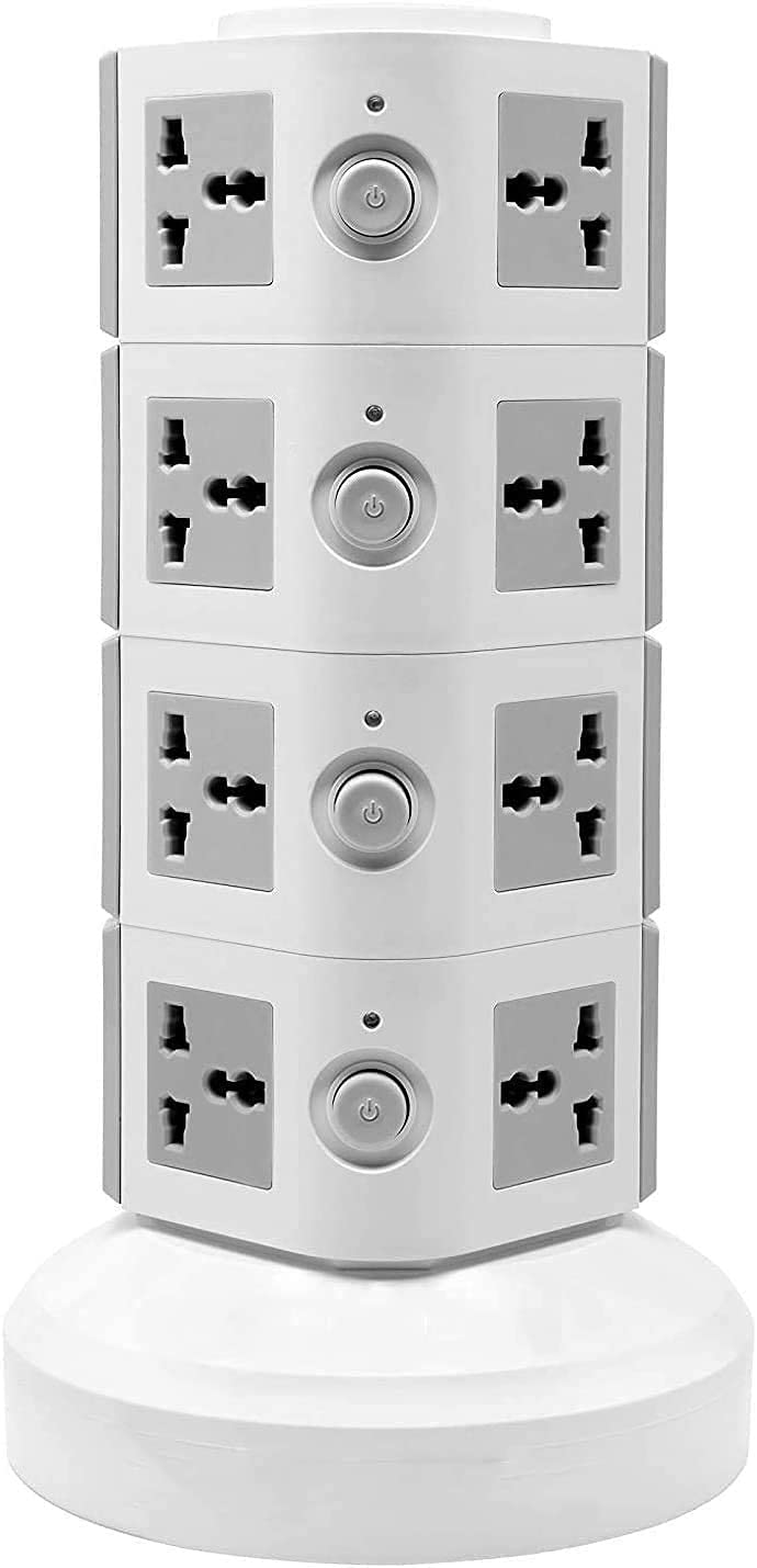 Universal Vertical 220V Multi Socket Tower Extension Electrical Outlet Lead with USB Ports 3M Cord and UK-Plug Power Strip Multi Charging Station