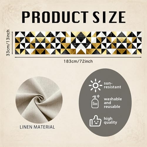 Image of Nuxovilar Gold Triangle Table Runner Flax 13x72 in | Holiday Runner Flax Placemats Dining Accessories Set Formal Dinner Event Room (Black Gold White Triangle)