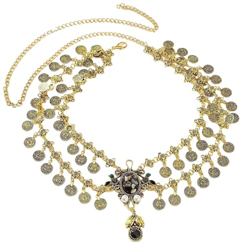 1 Piece Elegant Bohemian Alloy Coin Tassel Waist Chain Belt for Women - Golden-Toned with Pearls & Billboard Button Accents, Fitting Casual Outings, Evening Dates, Beach, Parties & Festivals